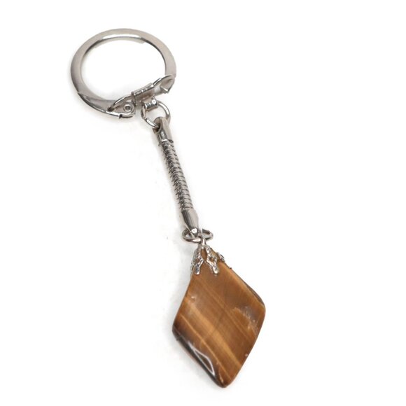 Tiger Eye Stone Keychain Silver Yellow Brown Prosperity Courage Strength - Picture 1 of 7